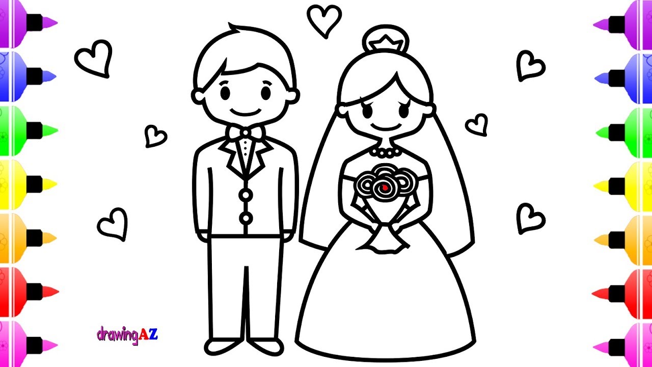 Wedding Bride and Groom Coloring Page for Kids | Children's Coloring Book