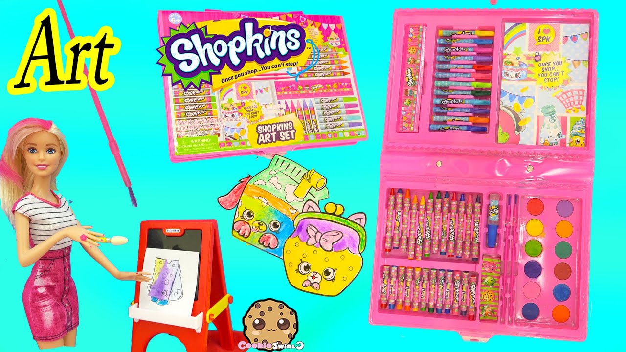 Shopkins Art Set Marker & Water Color Petkins Picture Painting - Toy Unboxing Video Cookie Swirl C