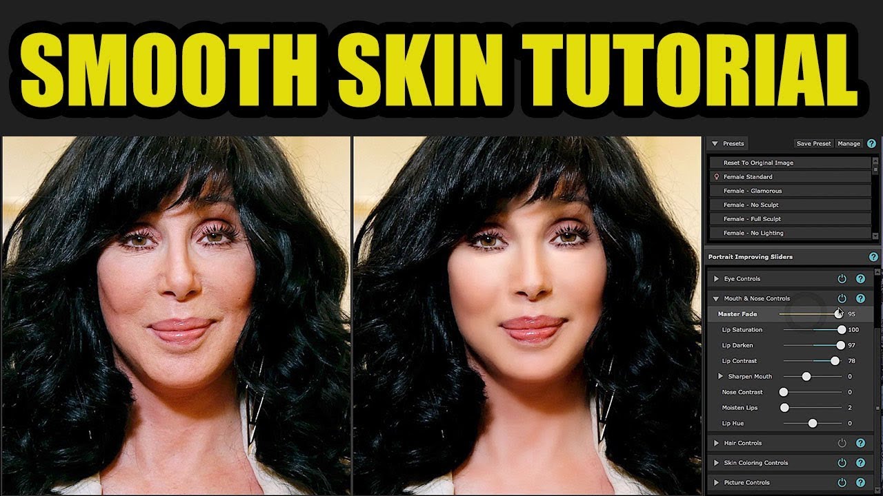 SMOOTH SKIN TUTORIAL w/o PHOTOSHOP Face retouch, remove wrinkles, age, fat PortraitPro