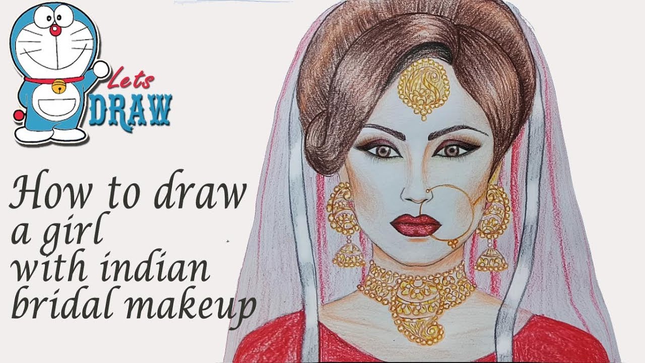 How to draw a girl with indian bridal makeup step by step