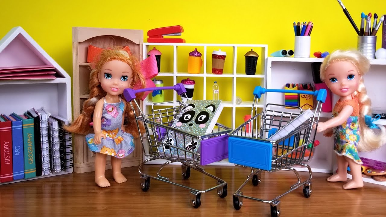Back to School shopping ! Elsa and Anna toddlers buy supplies from store - Barbie is seller