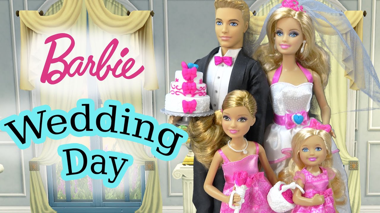Barbie Dolls Wedding Day Bridal Party Groom Ken Playset Flower Girl Bride Bridesmaid Playdoh Cake